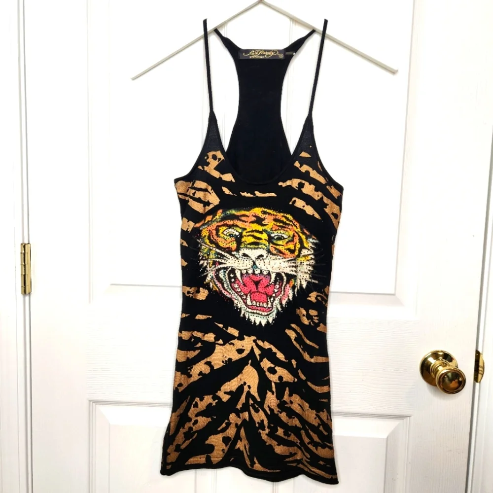 Ed Hardy x Christian Audigier Knit Mini Dress Tiger Head Animal Small Rhinestone - Picture 1 of 8